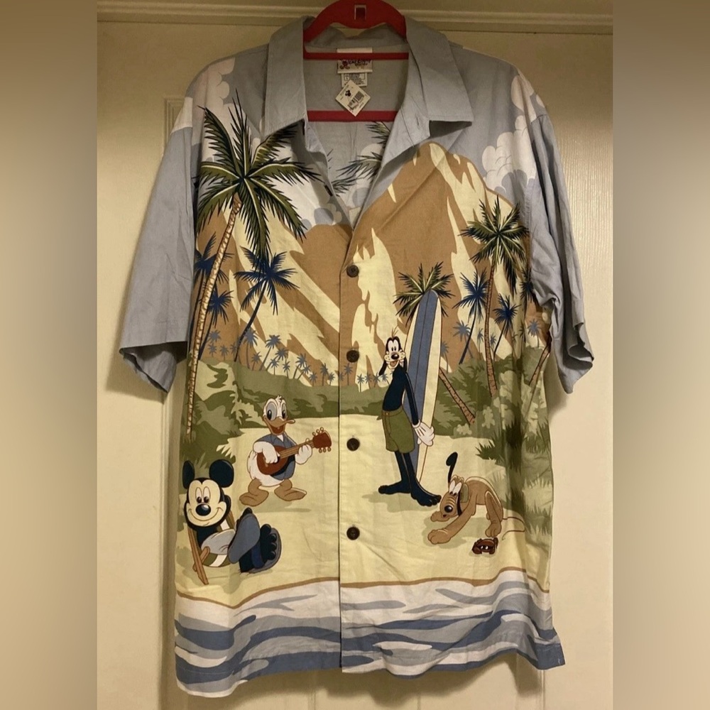 Disney Men's Hawaiian Button-Down Shirt - Blue, Tan, Green